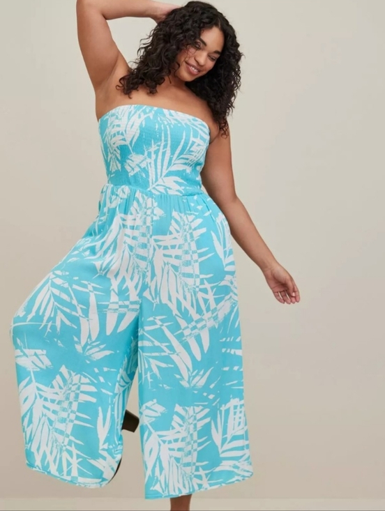 torrid Pants - torrid Aqua and White Strapless Palm-Print Jumpsuit